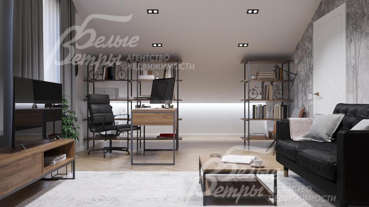 Уютный кабинет‑библиотека в мансарде оснащён функциональным рабочим местом