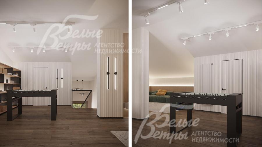 Визуализация дизайн-проекта мансардного этажа: холл со стильной отделкой и кикером