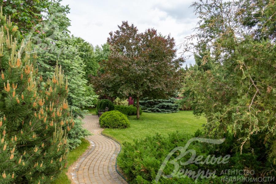 Извилистые дорожки на участке уложены тротуарной плиткой со вставками из гранита