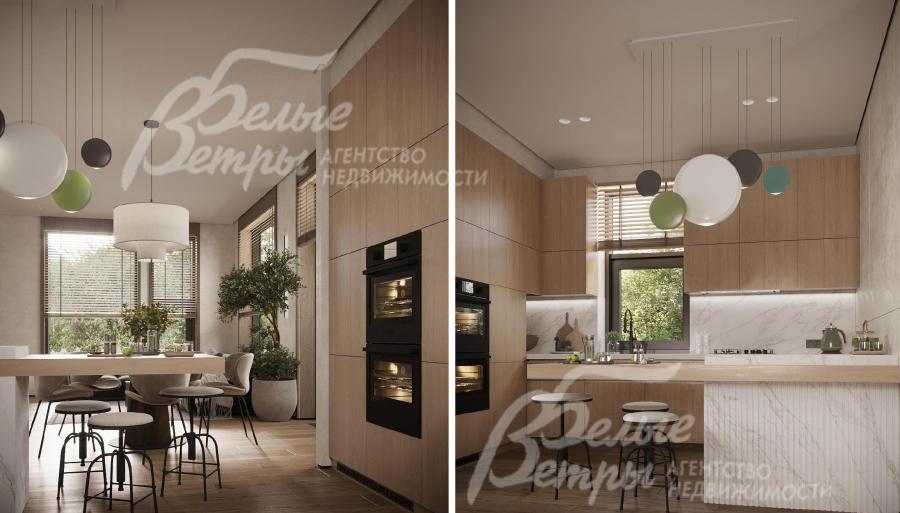 Визуализация дизайн-проекта 1-го этажа: в кухне - встроенная функциональная бытовая техника