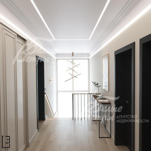 Визуализация дизайн проекта 2-го этажа: холл с большим вертикальным окном на лестничном пролёте