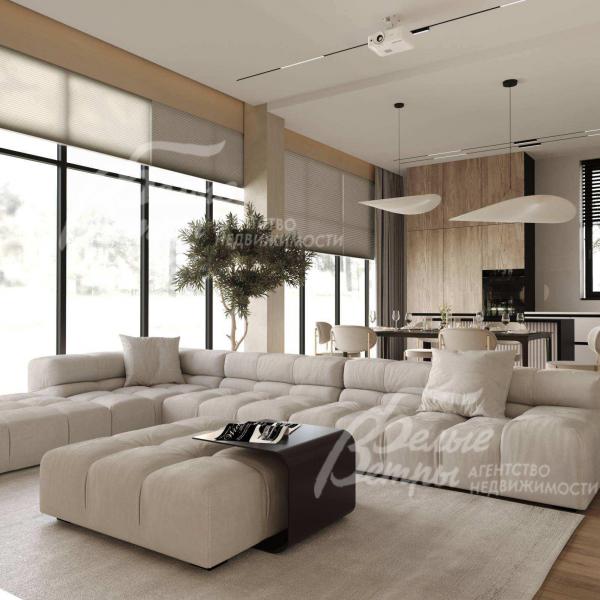 Визуализация:зона объединённой гостиной и кухни-столовой с панорамным остеклением