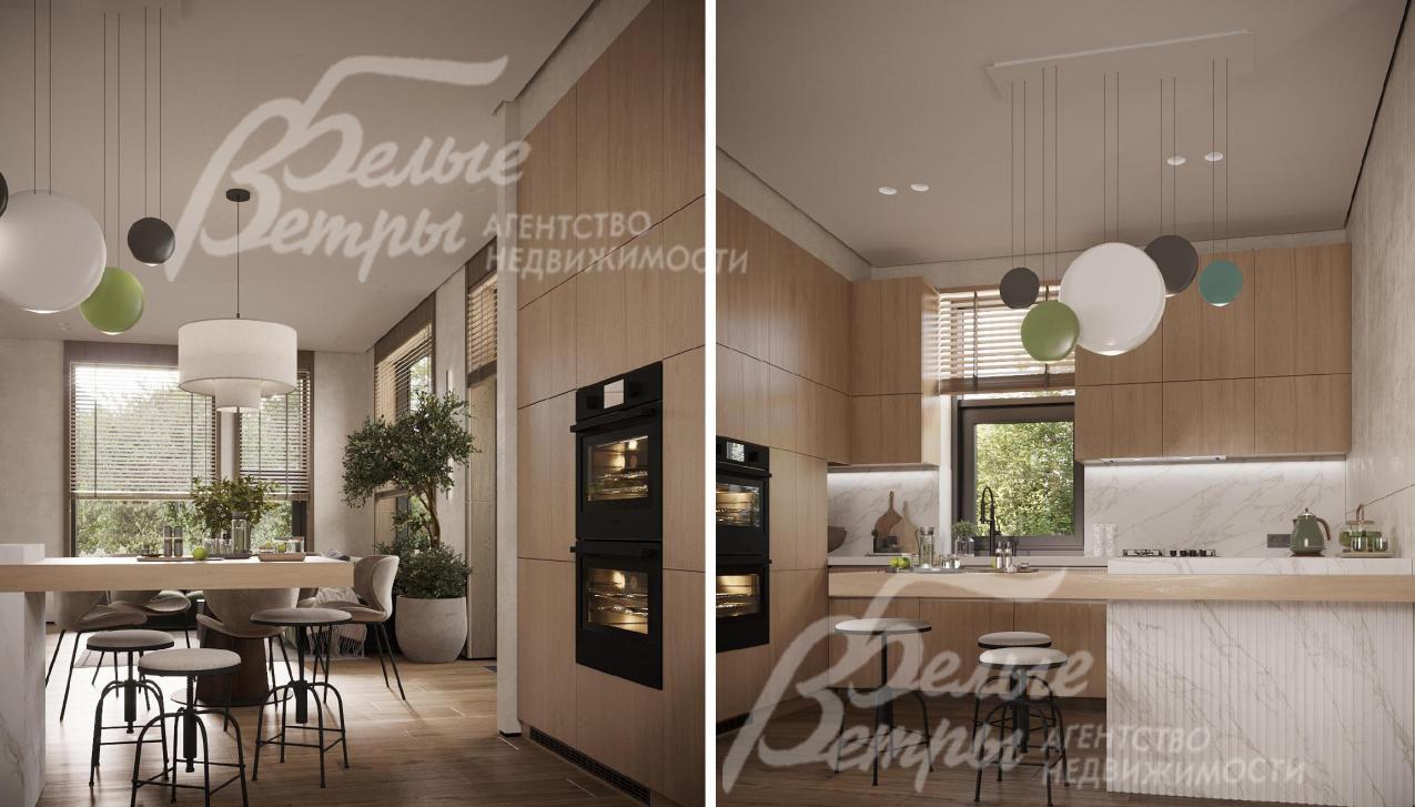 Визуализация дизайн-проекта 1-го этажа: в кухне - встроенная функциональная бытовая техника