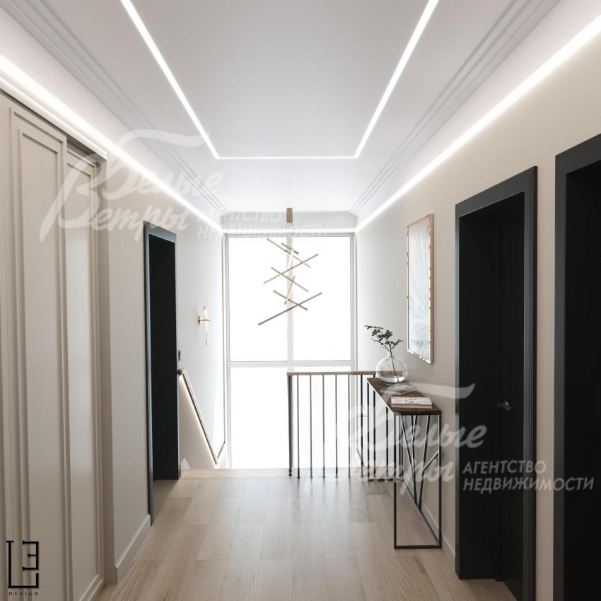 Визуализация дизайн проекта 2-го этажа: холл с большим вертикальным окном на лестничном пролёте