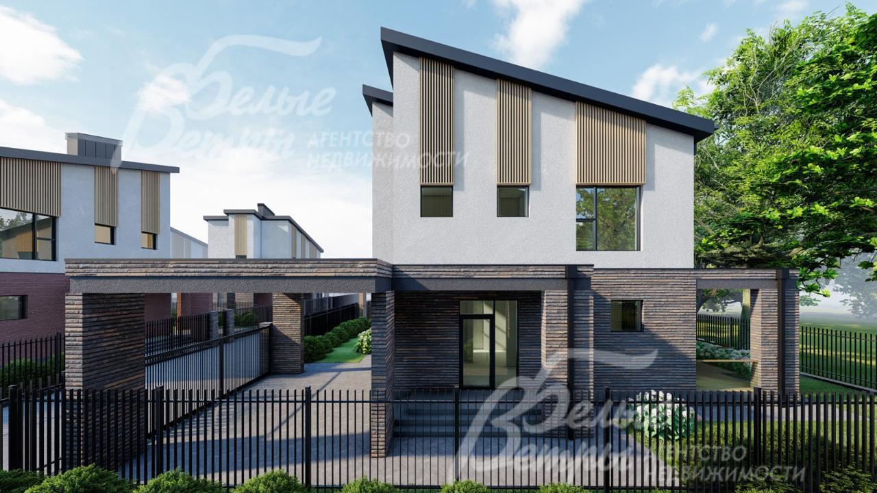 Рендер. Вход в дом - через крыльцо, справа - терраса, слева - навес для автомобилей