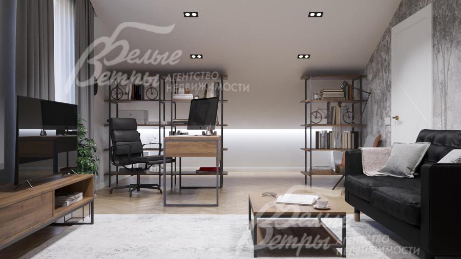 Уютный кабинет‑библиотека в мансарде оснащён функциональным рабочим местом