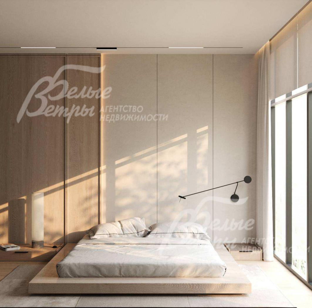 Визуализация: спальня на втором этаже дома с панорамным остеклением и небольшим кабинетом, котором можно также обустроить гардеробную