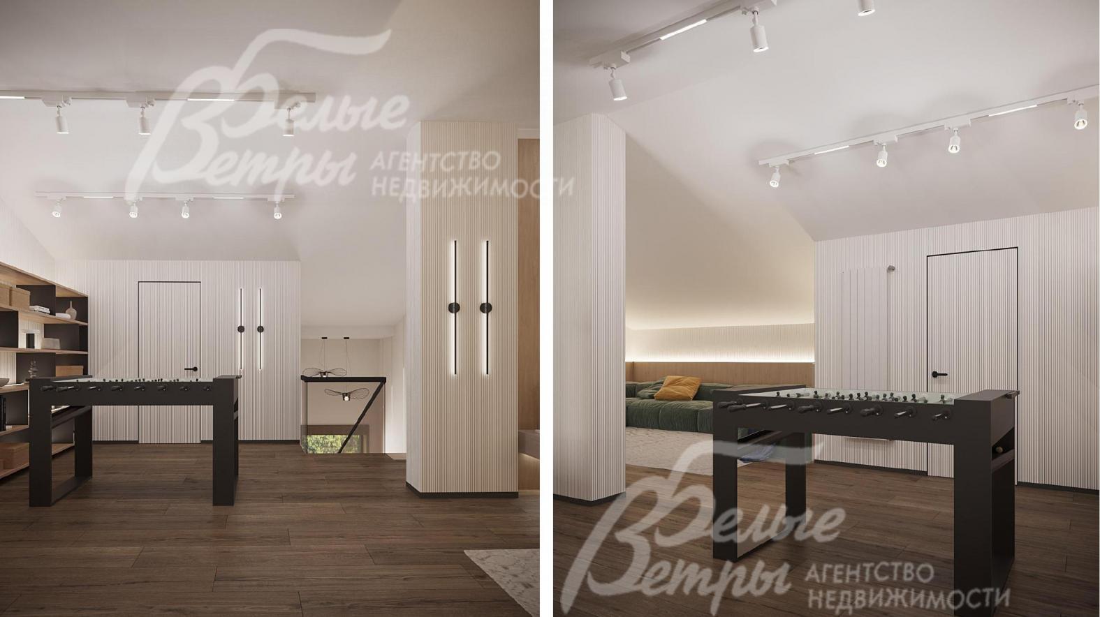 Визуализация дизайн-проекта мансардного этажа: холл со стильной отделкой и кикером